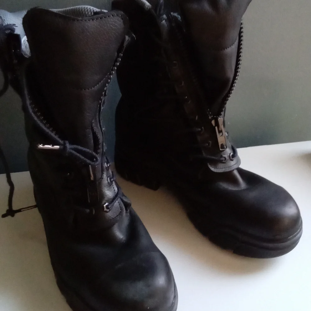 Black Leather Combat Boots Side Zip Lace Up Chunky Sole Work Military Style Mens